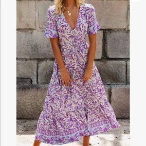 New Boho Floral Print Cotton Short Sleeve Flowy Dress